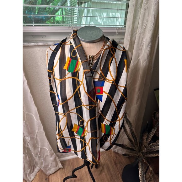 Vtg Nautical Striped Silk Scarf Colorful Flags & Rope Design Coastal Coquette - Picture 3 of 10